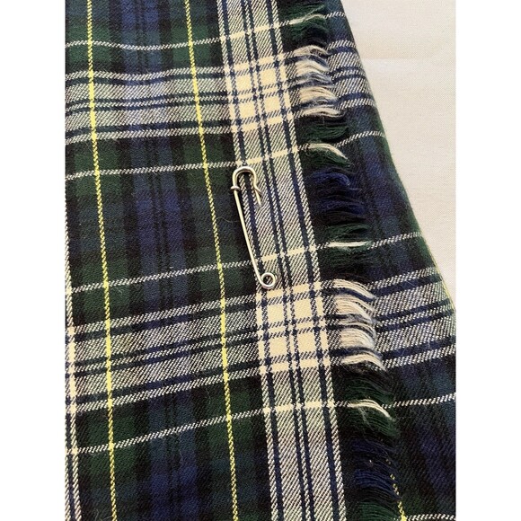 MADISON Wool Wrap Skirt Vintage 8 Blue Green Plaid Tartan Fringe Safety Pin Y2K - Picture 7 of 10